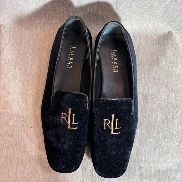 LAUREN RALPH LAUREN Sz 10 Black Velvet Squarish Toe Gold Embroidered Loafers - Picture 3 of 9